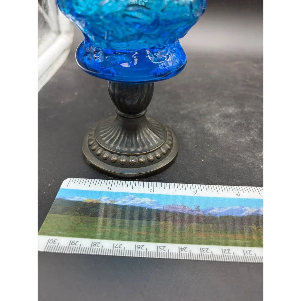 Vintage Blue Bark Textured Glass Hurricane Sconce Bronze Pedestal Base 8.25 Inch